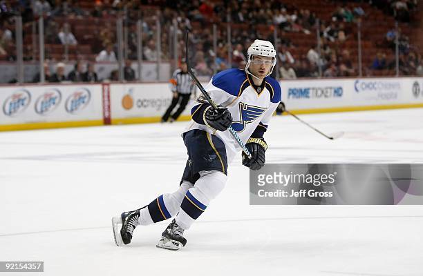 Brad Boyes of the St. Louis Blues skates against the Anaheim Ducks at the Honda Center on October 17, 2009 in Anaheim, California. The Blues defeated...