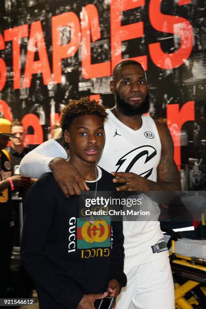 LeBron James of team LeBron walks with his son during the NBA All-Star Game as a part of 2018 NBA All-Star Weekend at STAPLES Center on February 18,...