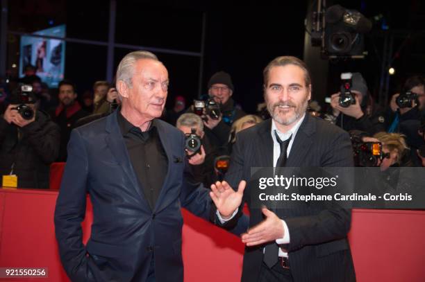 Udo Kier and Joaquin Phoenix attend the 'Don't Worry, He Won't Get Far on Foot' premiere during the 68th Berlinale International Film Festival Berlin...