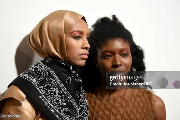 Models are seen backstage ahead of the On|Off Presents show during London Fashion Week February 2018 at BFC Show Space on February 20, 2018 in...