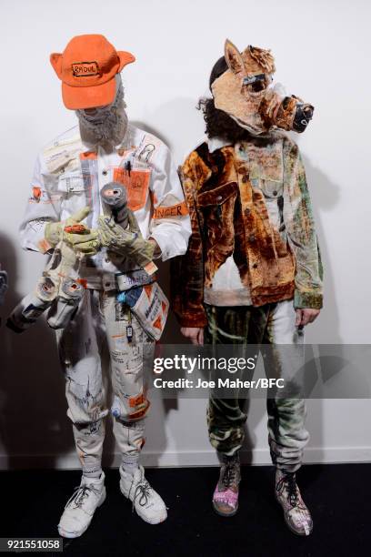 Models are seen backstage ahead of the On|Off Presents show during London Fashion Week February 2018 at BFC Show Space on February 20, 2018 in...