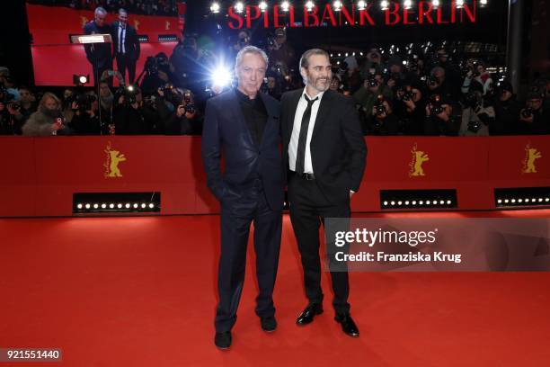 Udo Kier and Joaquin Phoenix attend the 'Don't Worry, He Won't Get Far on Foot' premiere during the 68th Berlinale International Film Festival Berlin...