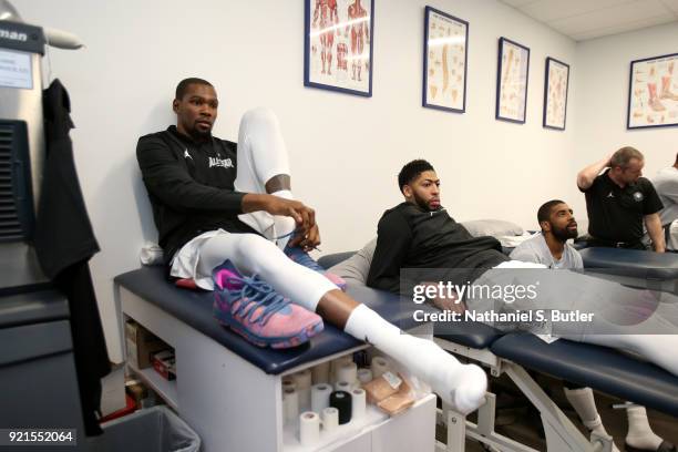 Kevin Durant, Anthony Davis, and Kyrie Irving of Team LeBron before the game against Team Stephen during the NBA All-Star Game as a part of 2018 NBA...