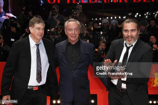 Gus Van Sant, Udo Kier and Joaquin Phoenix attend the 'Don't Worry, He Won't Get Far on Foot' premiere during the 68th Berlinale International Film...