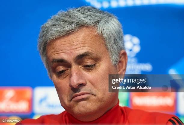 Jose Mourinho of Manchester United attends the press conference prior to their UEFA Champions match against Sevilla FC at Estadio Ramon Sanchez...