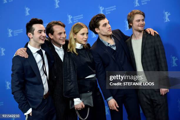 German actors, Isaiah Michalski, Leonard Scheicher, German actress, Lena Klenke, German actors, Jonas Dassler and Tom Gramenz pose during the photo...