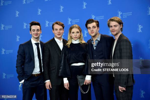 German actors, Isaiah Michalski, Leonard Scheicher, German actress, Lena Klenke, German actors, Jonas Dassler and Tom Gramenz pose during the photo...