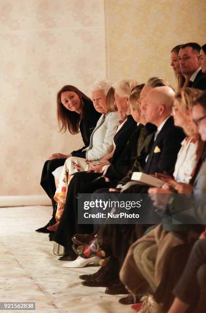 The Queen Elizabeth II is presenting the award which carries her name to the winning designer Richard Quinn at the London Fashion Week on the...