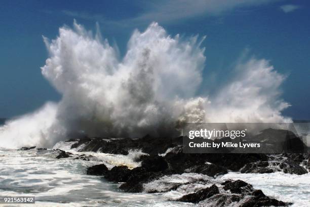 geyser-like explosion as huge swells from cyclone gita strike snapper rocks - queensland storm stock pictures, royalty-free photos & images