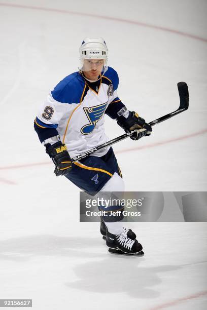 Paul Kariya of the St. Louis Blues skates prior to the game against the Anaheim Ducks at the Honda Center on October 17, 2009 in Anaheim, California....