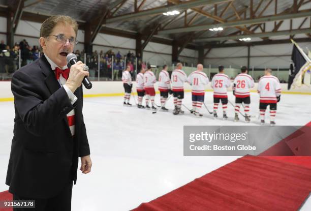 Rene Rancourt sings both the U.S. And Canadian National Anthems before the 2nd Annual Weymouth Winter Classic Charity Hockey Game between Weymouth...