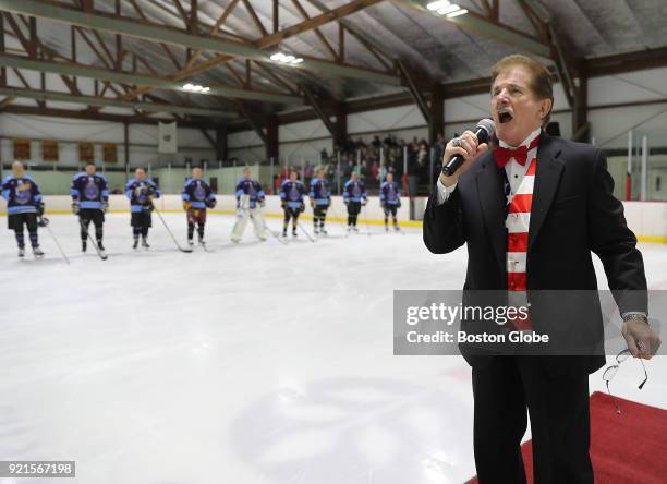 Rene Rancourt sings both the U.S. And Canadian National Anthems before the 2nd Annual Weymouth Winter Classic Charity Hockey Game between Weymouth...