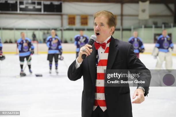 Rene Rancourt sings both the U.S. And Canadian National Anthems before the 2nd Annual Weymouth Winter Classic Charity Hockey Game between Weymouth...