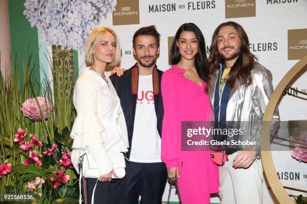 Model Mariana, Max Alberti, Rebecca Mir, Riccardo Simonetti Rebecca Mir during the 'Maison des Fleurs' photo session at KONEN on February 20, 2018 in...