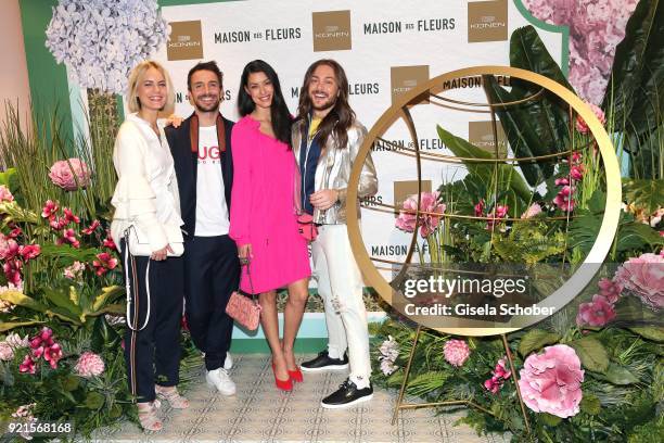 Model Mariana, Max Alberti, Rebecca Mir, Riccardo Simonetti Rebecca Mir during the 'Maison des Fleurs' photo session at KONEN on February 20, 2018 in...