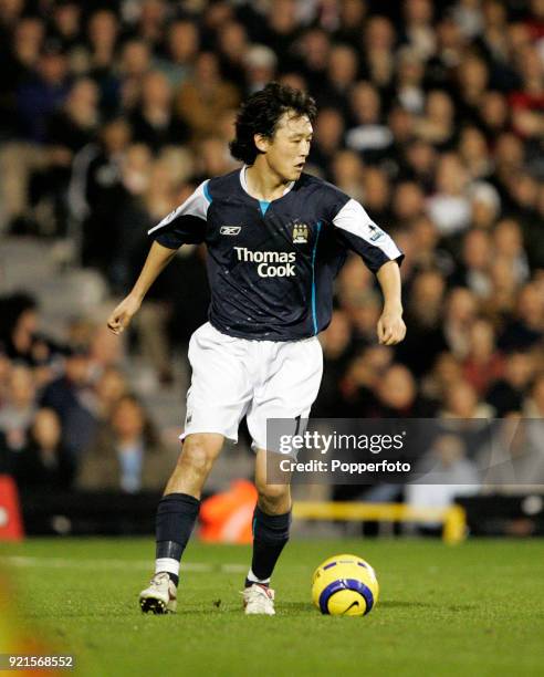 Jihai Sun of Manchester City in action during the Barclays Premiership match between Fulham and Manchester City at Craven Cottage in London on...