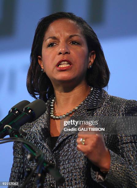 Ambassador to the UN Susan Rice delivers a speech during the "Facing Tomorrow" conference, the second annual global conference hosted by Israeli...