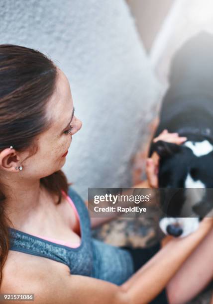 söt flicka husdjur sin staffordshire bullterrier - staffordshire bull terrier bildbanksfoton och bilder