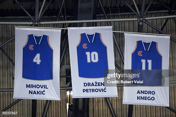 Retired jerseys are displayed during a short ceremony before Euroleague Basketball Regular Season Game Day 1 match between Cibona Zagreb vs...