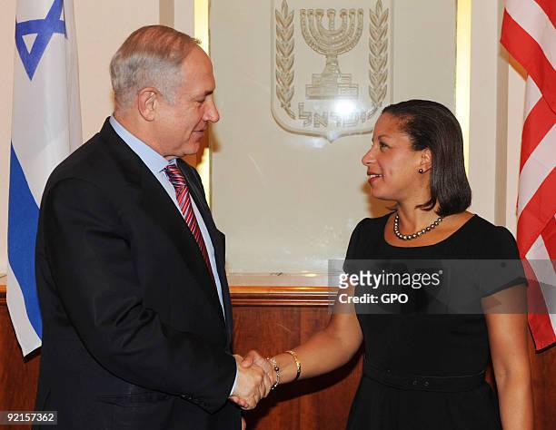 In this handout image supplied by the Israeli Government Press Office , Israeli Prime Minister Binyamin Netanyahu meets with U.S. UN Ambassador Susan...