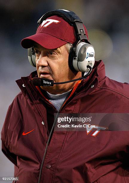 Head coach Frank Beamer of the Virginia Tech Hokies looks on from the sidelines against the Georgia Tech Yellow Jackets at Bobby Dodd Stadium on...