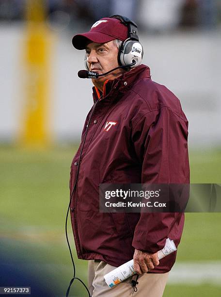 Head coach Frank Beamer of the Virginia Tech Hokies looks on from the sidelines against the Georgia Tech Yellow Jackets at Bobby Dodd Stadium on...