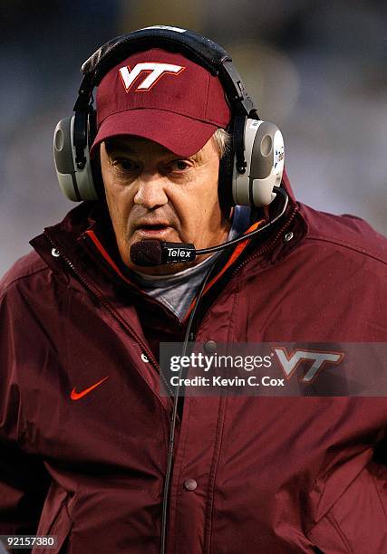 Head coach Frank Beamer of the Virginia Tech Hokies looks on from the sidelines against the Georgia Tech Yellow Jackets at Bobby Dodd Stadium on...