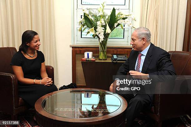 In this handout image supplied by the Israeli Government Press Office , Israeli Prime Minister Binyamin Netanyahu meets with U.S. UN Ambassador Susan...