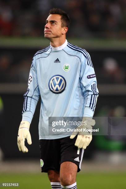 Diego Benaglio of Wolfsburg looks thoughtful during the UEFA Champions League Group B first leg match between VfL Wolfsburg and Besiktas at the...