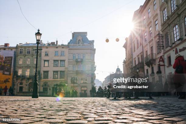 morning on rynok square in lviv - rynek square stock pictures, royalty-free photos & images