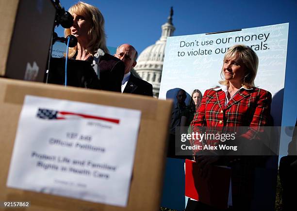 Rep. Mary Fallin and Rep. Louie Gohmert listen during a news conference about abortion on Capitol Hill October 21, 2009 in Washington, DC. Focus on...