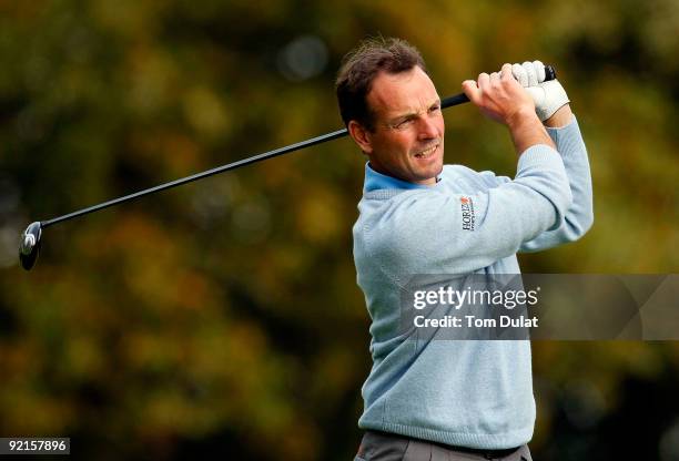 David Higgins of Waterville Golf Links tees off on the 6th hole during the Srixon PGA Playoff at The Little Aston Golf Club on October 21, 2009 in...