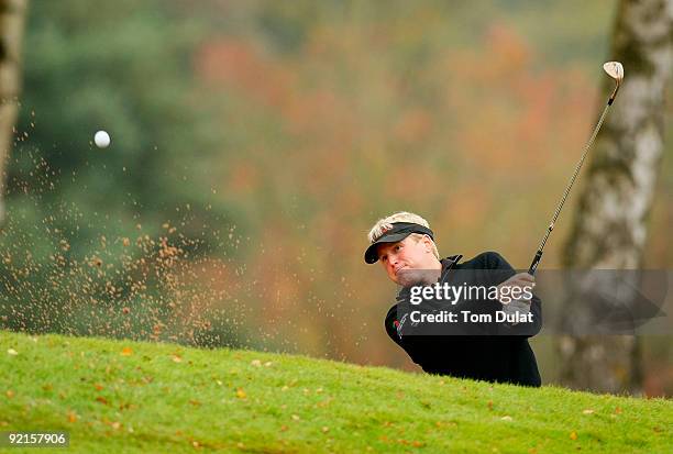 Matthew Ford of Marriott Tudor Park plays out the bunker on 3rd fairway during the Srixon PGA Playoff at The Little Aston Golf Club on October 21,...