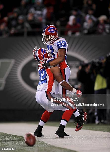 Lee Evans of the Buffalo Bills celebrates with Fred Jackson after scoring a touchdown against the New York Jets at Giants Stadium on October 18, 2009...