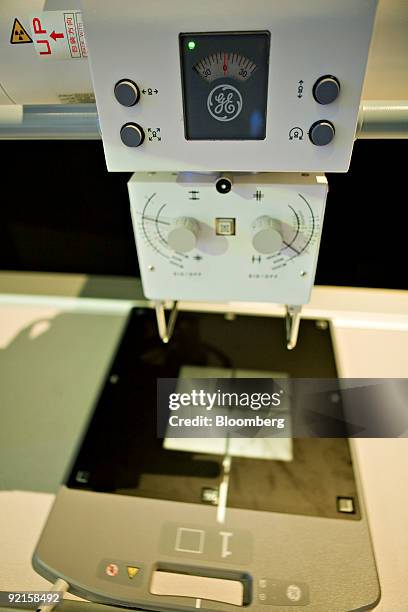 General Electric Co. Logo appears on a Brivo DR-F digital x-ray machine, which is not currently available in the U.S., as it sits on display prior to...