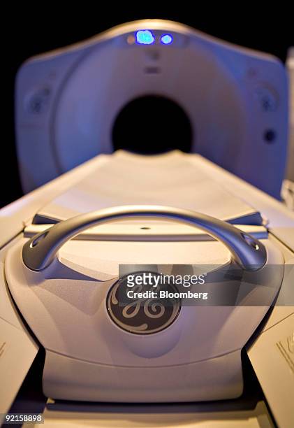 General Electric Co. Logo is seen on a Discovery CT750 HD CT scan machine as it sits on display prior to a news conference in New York, U.S., on...