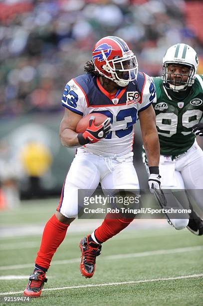 Marshawn Lynch of the Buffalo Bills rushes against the New York Jets at Giants Stadium on October 18, 2009 in East Rutherford, New Jersey. The Bills...