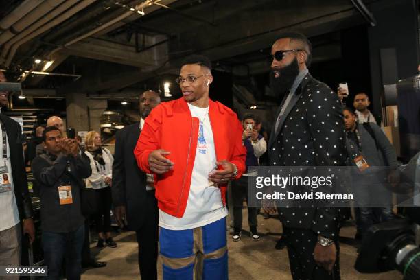 Russell Westbrook and James Harden of team LeBron arrive to the arena prior to the NBA All-Star Game as a part of 2018 NBA All-Star Weekend at...