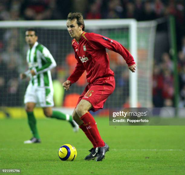 Dietmar Hamann of Liverpool in action during the UEFA Champions League match between Liverpool and Real Betis at Anfield in Liverpool on November 23,...