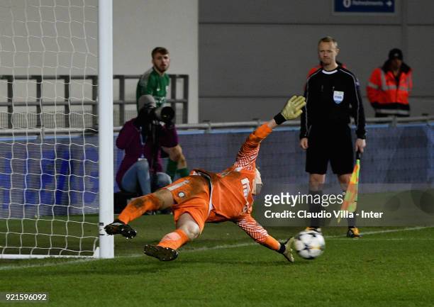 Vladan Dekic of FC Internazionale saves the penalty during the UEFA Youth League match between Manchester City and FC Internazionale at Manchester...