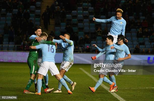 Players Manchester City celebrate at the end of the the UEFA Youth League match between Manchester City and FC Internazionale at Manchester City...