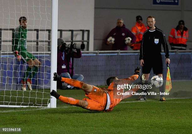 Vladan Dekic of FC Internazionale saves the penalty during the UEFA Youth League match between Manchester City and FC Internazionale at Manchester...