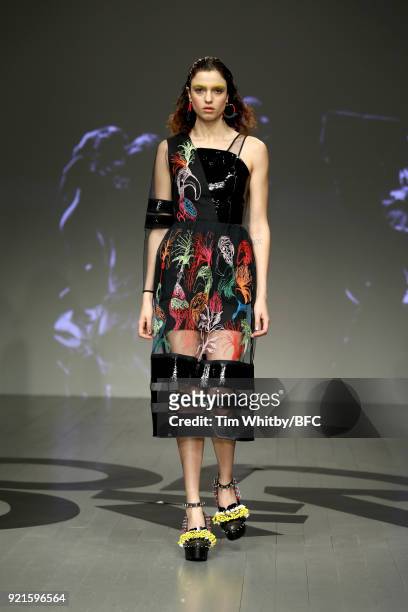 Model walks the runway at the On|Off Presents - Honest Man show during London Fashion Week February 2018 at BFC Show Space on February 20, 2018 in...