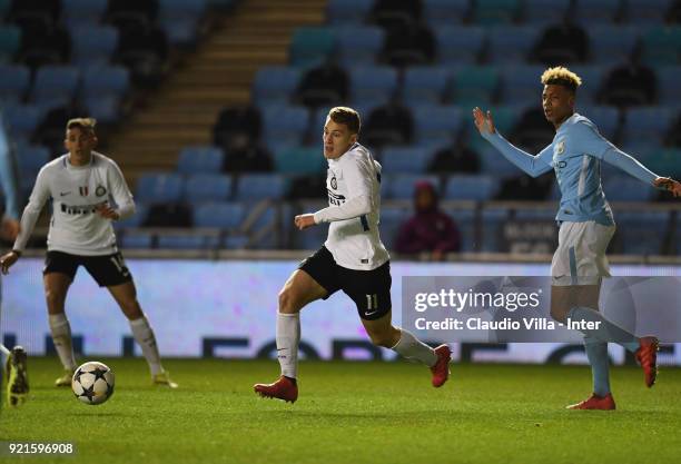Facundo Colidio of FC Internazionale in action during the UEFA Youth League match between Manchester City and FC Internazionale at Manchester City...