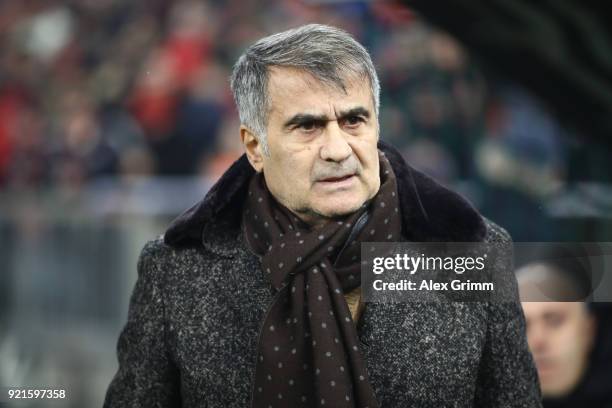 Senol Gunes, Head Coach of Besiktas looks on prior to the UEFA Champions League Round of 16 First Leg match between Bayern Muenchen and Besiktas at...