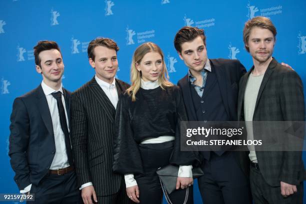 German actors, Isaiah Michalski, Leonard Scheicher, German actress, Lena Klenke, German actors, Jonas Dassler and Tom Gramenz pose during the photo...