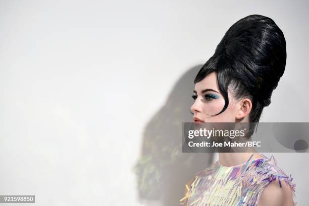 Model backstage ahead of the On|Off Presents show during London Fashion Week February 2018 at BFC Show Space on February 20, 2018 in London, England.