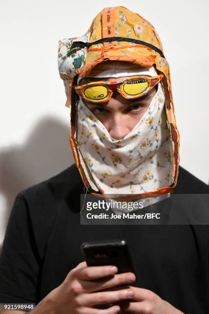 Model backstage ahead of the On|Off Presents show during London Fashion Week February 2018 at BFC Show Space on February 20, 2018 in London, England.