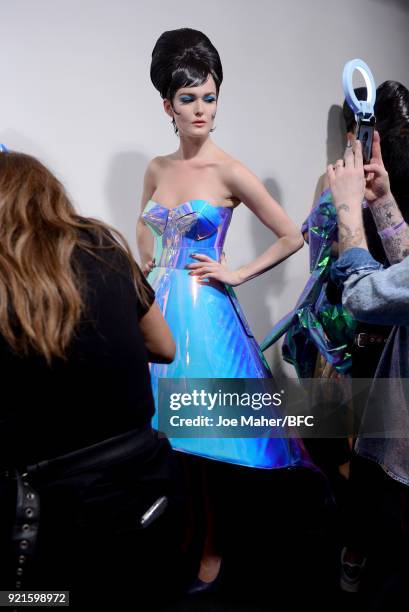 Model backstage ahead of the On|Off Presents show during London Fashion Week February 2018 at BFC Show Space on February 20, 2018 in London, England.