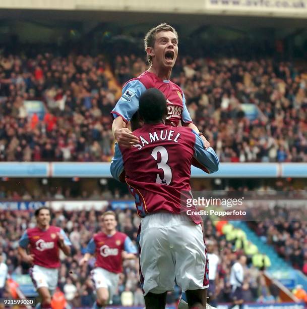 Lee Hendrie celebrates Aston Villa's first goal during the Barclays Premiership match between Aston Villa and West Ham United at Villa Park in...